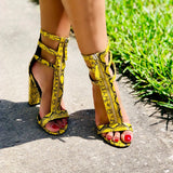 Kina-Yellow Snake Skin Block Heels
