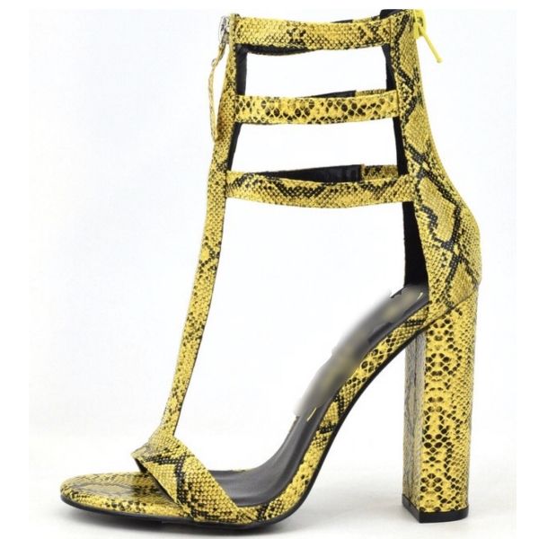 Kina-Yellow Snake Skin Block Heels